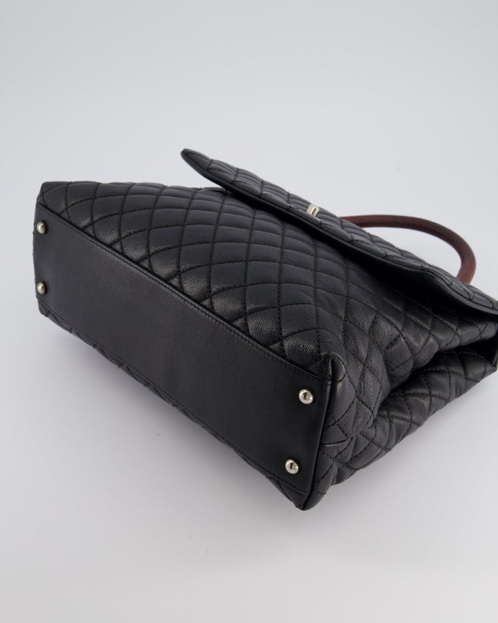 Top Quality Chanel Dark Grey Large Coco Top Handle Bag in Caviar Leather with Burgundy Python Handle and Ruthenium Hardware