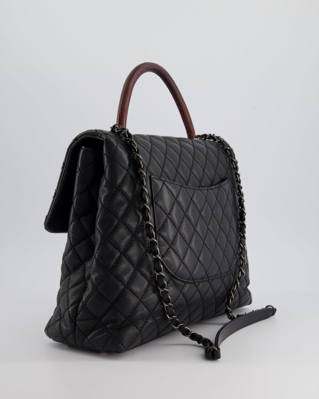 Top Quality Chanel Dark Grey Large Coco Top Handle Bag in Caviar Leather with Burgundy Python Handle and Ruthenium Hardware