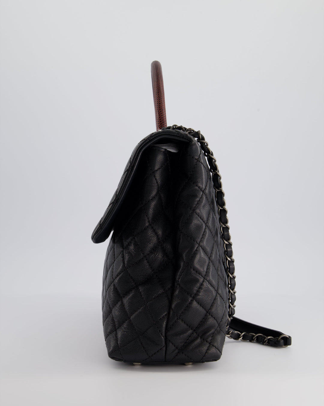 Top Quality Chanel Dark Grey Large Coco Top Handle Bag in Caviar Leather with Burgundy Python Handle and Ruthenium Hardware