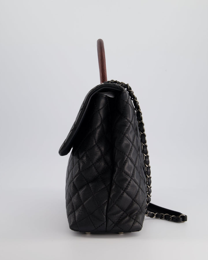 Top Quality Chanel Dark Grey Large Coco Top Handle Bag in Caviar Leather with Burgundy Python Handle and Ruthenium Hardware