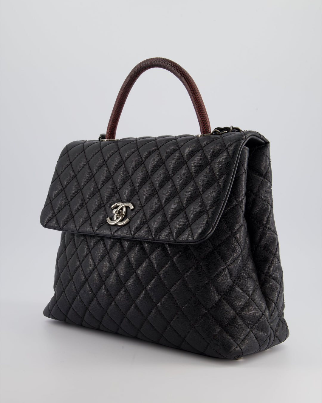 Top Quality Chanel Dark Grey Large Coco Top Handle Bag in Caviar Leather with Burgundy Python Handle and Ruthenium Hardware