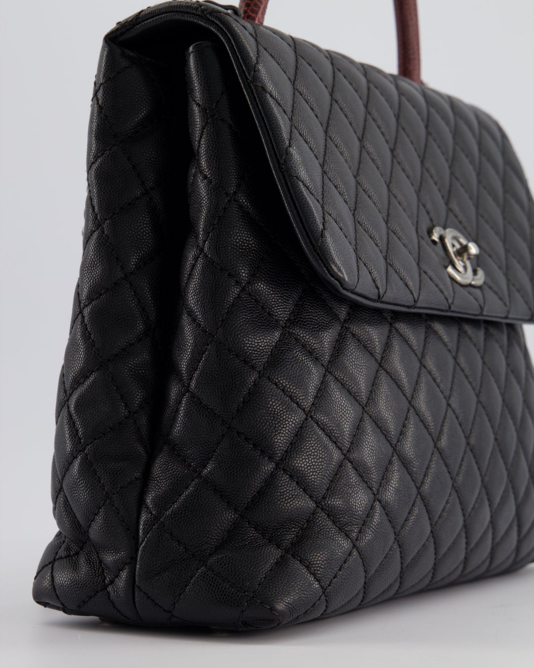 Top Quality Chanel Dark Grey Large Coco Top Handle Bag in Caviar Leather with Burgundy Python Handle and Ruthenium Hardware