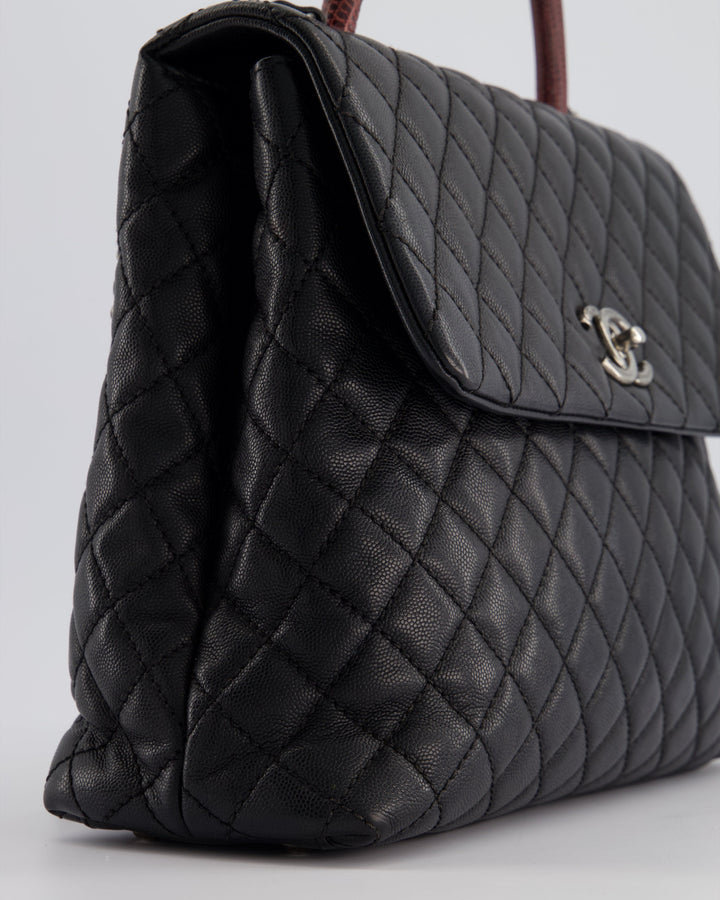 Top Quality Chanel Dark Grey Large Coco Top Handle Bag in Caviar Leather with Burgundy Python Handle and Ruthenium Hardware