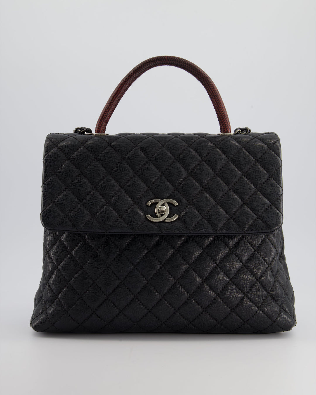 Top Quality Chanel Dark Grey Large Coco Top Handle Bag in Caviar Leather with Burgundy Python Handle and Ruthenium Hardware