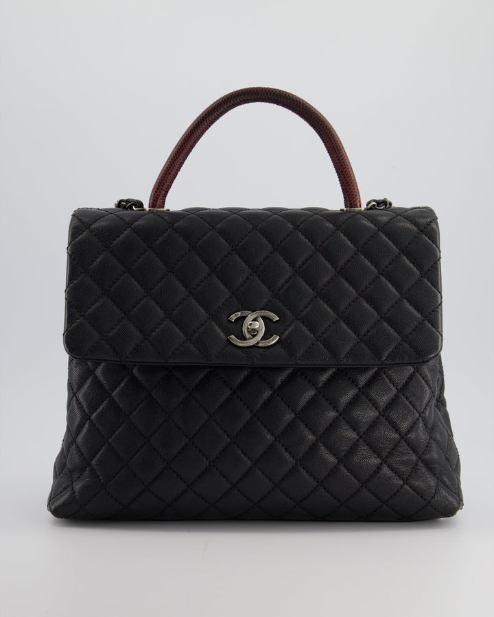 Top Quality Chanel Dark Grey Large Coco Top Handle Bag in Caviar Leather with Burgundy Python Handle and Ruthenium Hardware
