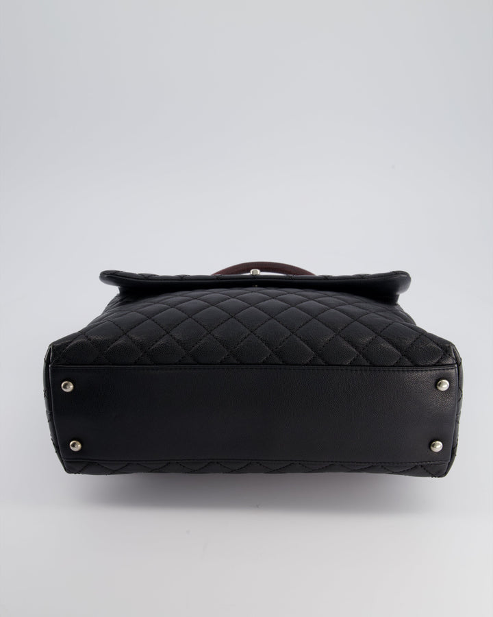 Top Quality Chanel Dark Grey Large Coco Top Handle Bag in Caviar Leather with Burgundy Python Handle and Ruthenium Hardware