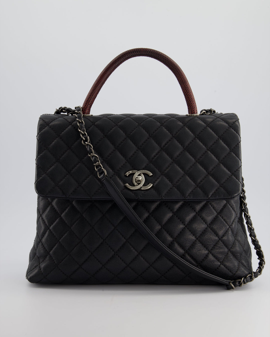Top Quality Chanel Dark Grey Large Coco Top Handle Bag in Caviar Leather with Burgundy Python Handle and Ruthenium Hardware