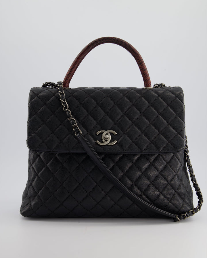 Top Quality Chanel Dark Grey Large Coco Top Handle Bag in Caviar Leather with Burgundy Python Handle and Ruthenium Hardware