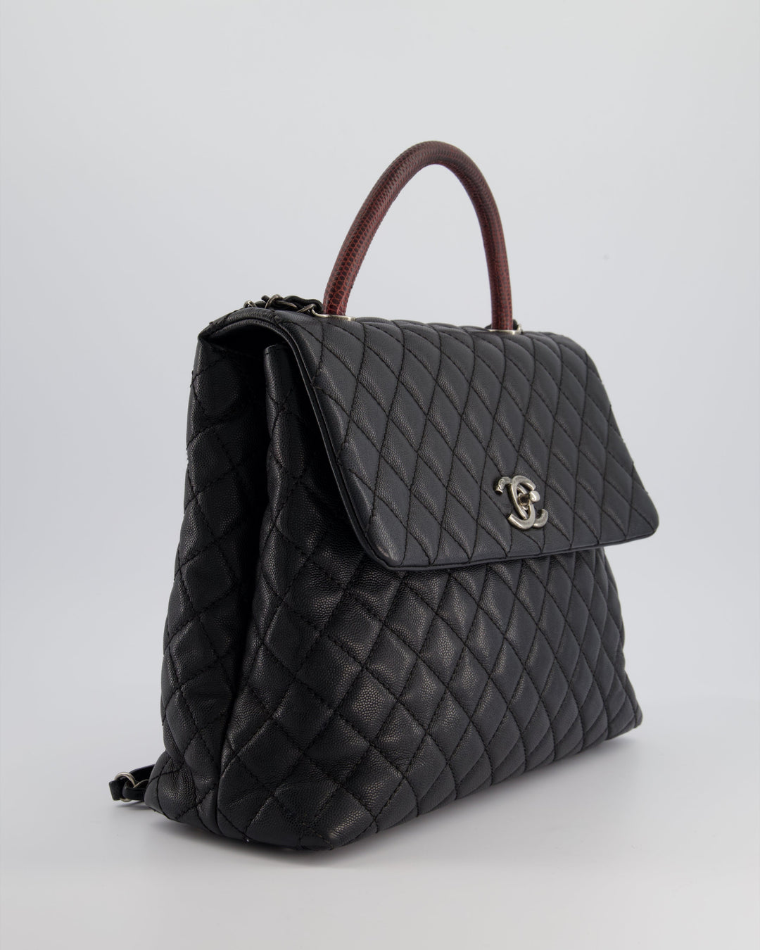 Top Quality Chanel Dark Grey Large Coco Top Handle Bag in Caviar Leather with Burgundy Python Handle and Ruthenium Hardware