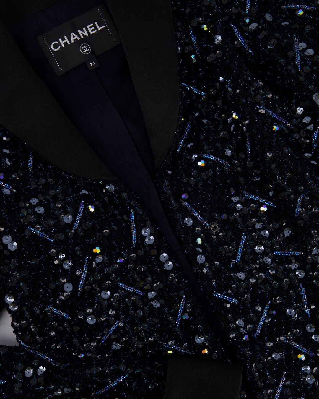 *HOT* Top Quality Chanel Black and Blue Sequin Embellished Jacket with Satin Collar Detail Size FR 34 (UK 6)