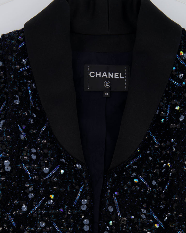 *HOT* Top Quality Chanel Black and Blue Sequin Embellished Jacket with Satin Collar Detail Size FR 34 (UK 6)