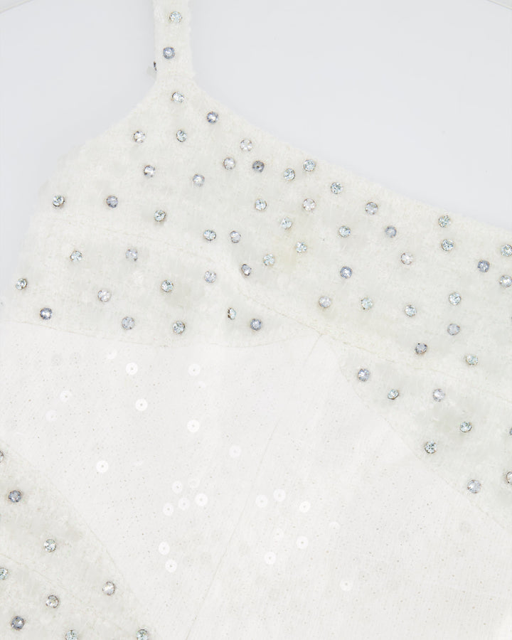 Top Quality Chanel Pearl White Sleeveless Sequin and Crystal Embellished Mini Dress with Pearl CC Logo Detail Size FR 36 (UK 8)