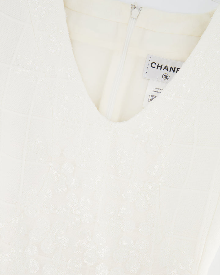 Top Quality Chanel White Short Sleeve Sequin Floral Embellished Mini Dress Size FR 36 (UK 8)