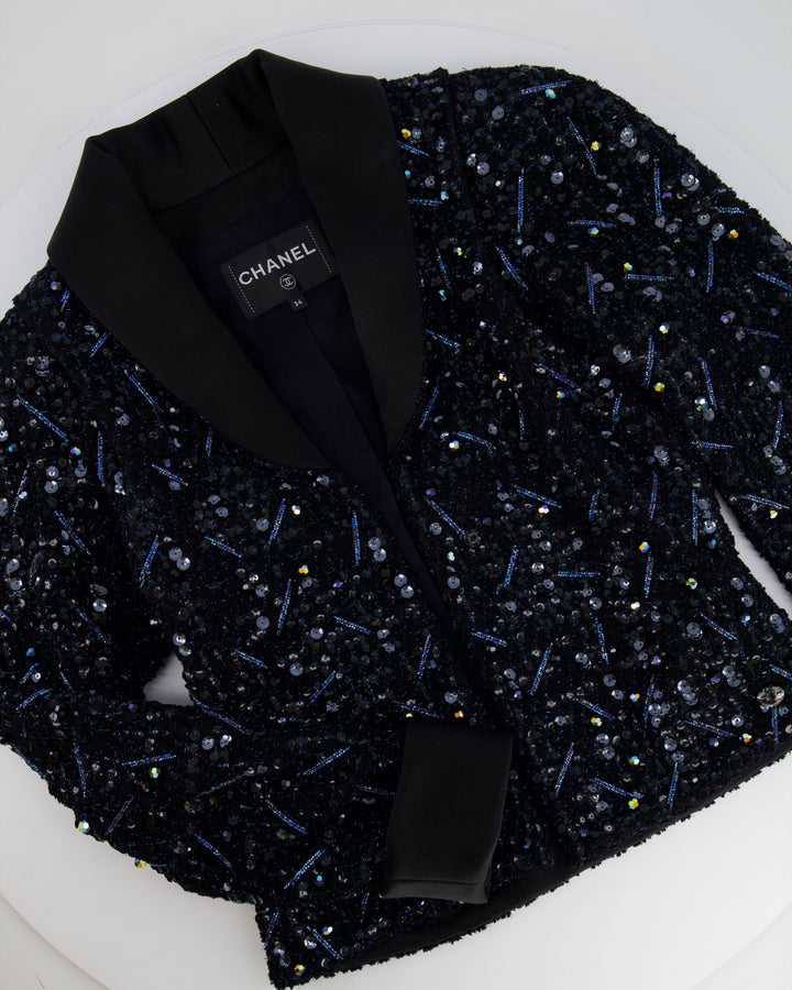 *HOT* Top Quality Chanel Black and Blue Sequin Embellished Jacket with Satin Collar Detail Size FR 34 (UK 6)
