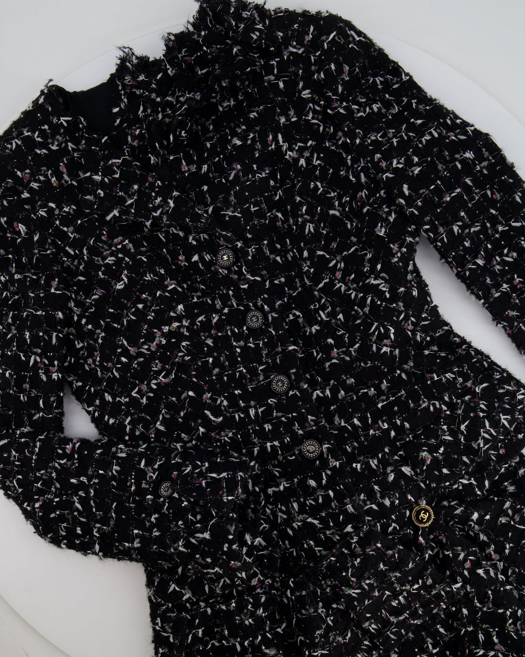 Top Quality Chanel Black Wool Multicolour Threads Ruffle Asymmetric Jacket with CC Logo Button Details Size FR 36 (UK 8)