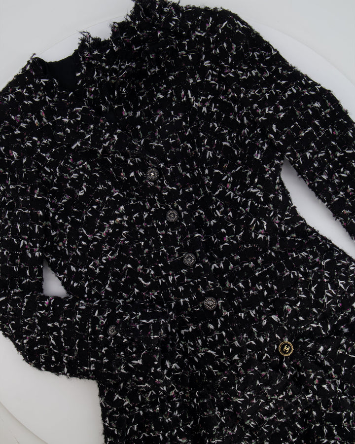 Top Quality Chanel Black Wool Multicolour Threads Ruffle Asymmetric Jacket with CC Logo Button Details Size FR 36 (UK 8)