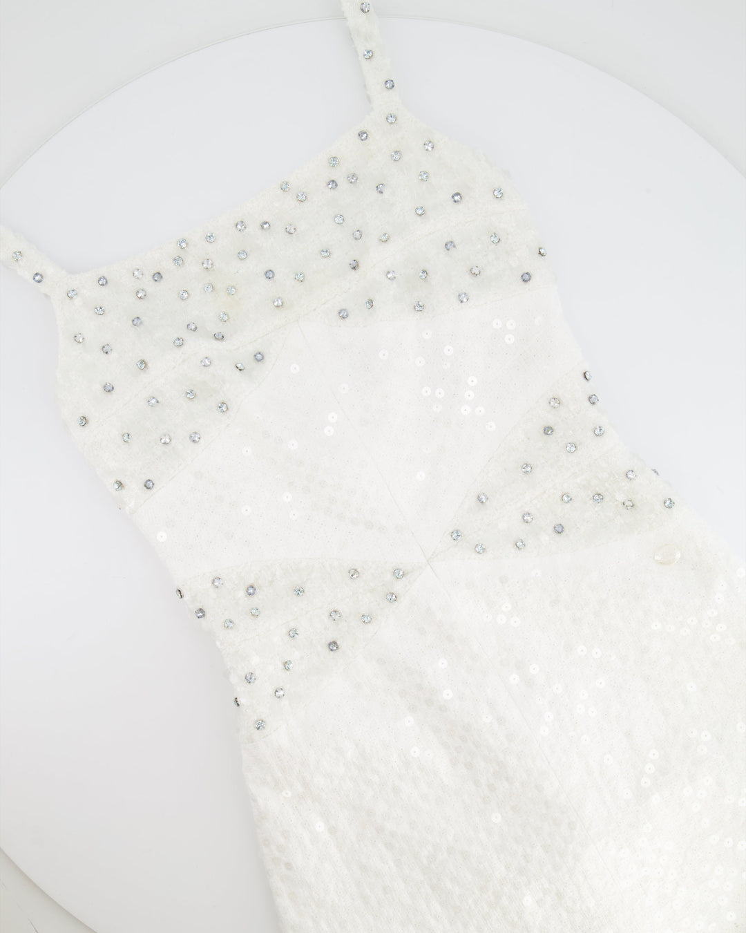 Top Quality Chanel Pearl White Sleeveless Sequin and Crystal Embellished Mini Dress with Pearl CC Logo Detail Size FR 36 (UK 8)