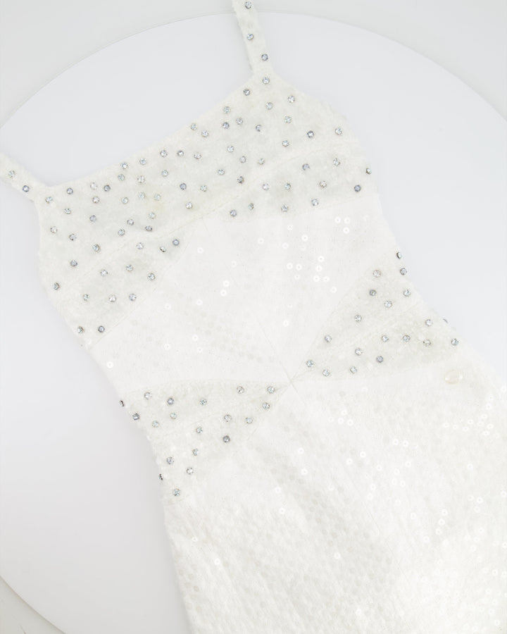 Top Quality Chanel Pearl White Sleeveless Sequin and Crystal Embellished Mini Dress with Pearl CC Logo Detail Size FR 36 (UK 8)