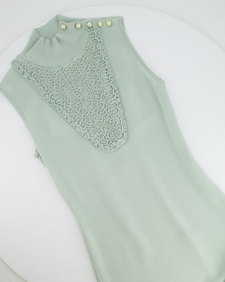 Top Quality Chanel Pastel Green Textured Sleeveless Midi Dress with CC Pearl Button Details Size FR 36 (UK 8)