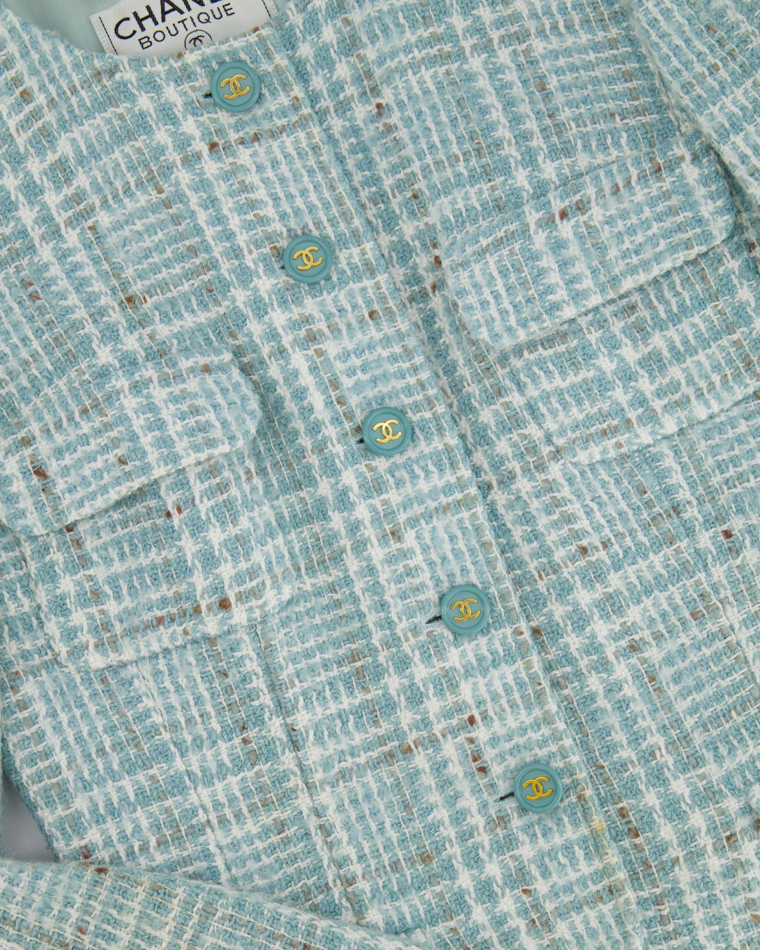 Top Quality Chanel 1997 Vintage Baby Blue, Brown and White Tweed Jacket with CC Button Details Size FR 34 (UK 6)