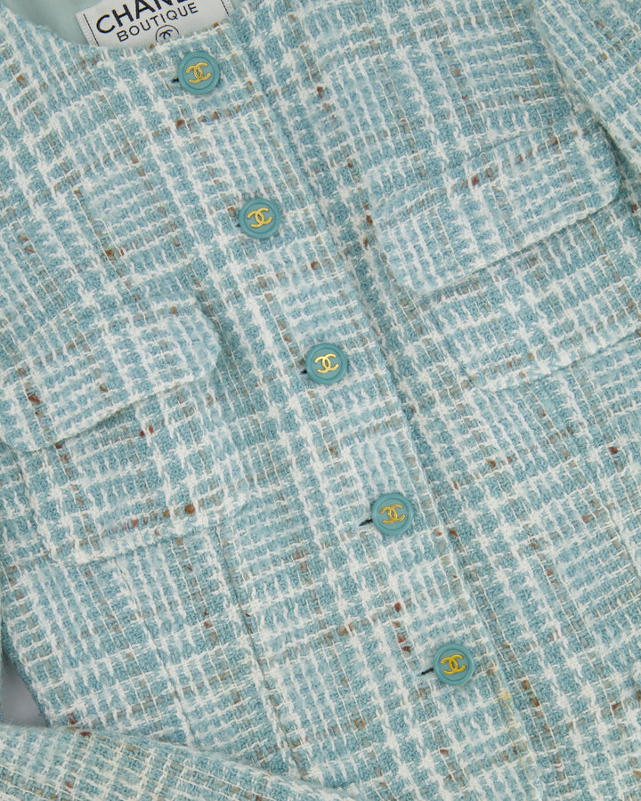 Top Quality Chanel 1997 Vintage Baby Blue, Brown and White Tweed Jacket with CC Button Details Size FR 34 (UK 6)