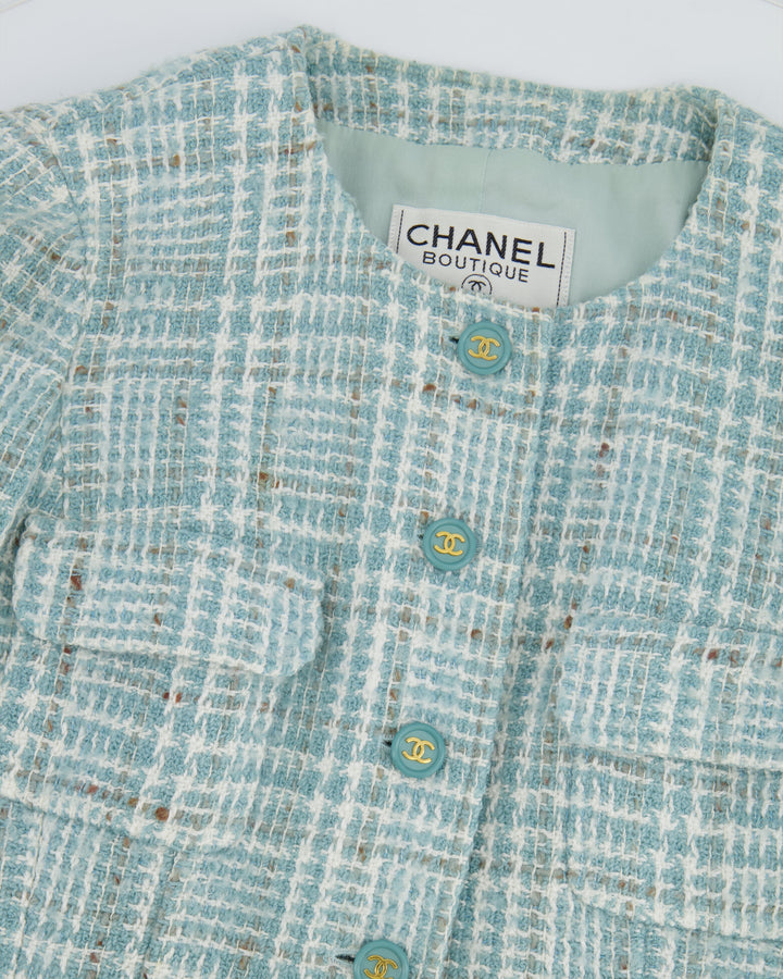 Top Quality Chanel 1997 Vintage Baby Blue, Brown and White Tweed Jacket with CC Button Details Size FR 34 (UK 6)