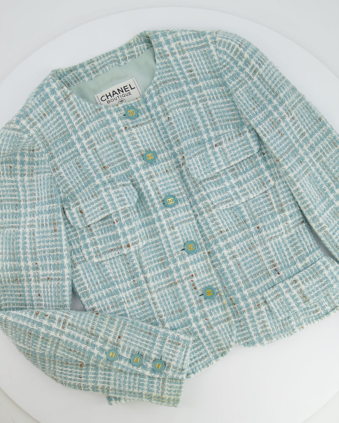 Top Quality Chanel 1997 Vintage Baby Blue, Brown and White Tweed Jacket with CC Button Details Size FR 34 (UK 6)