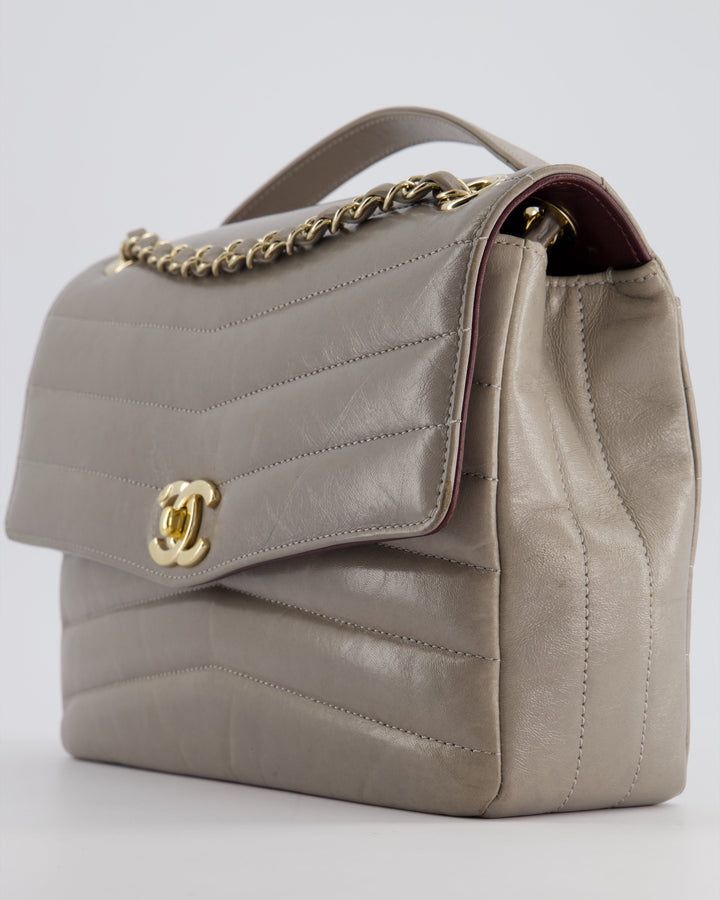 Top Quality Chanel Light Grey Chevron Miroir Flap Bag in Distressed Calfskin Leather with Champagne Gold Hardware