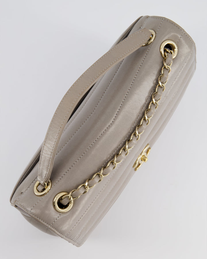 Top Quality Chanel Light Grey Chevron Miroir Flap Bag in Distressed Calfskin Leather with Champagne Gold Hardware