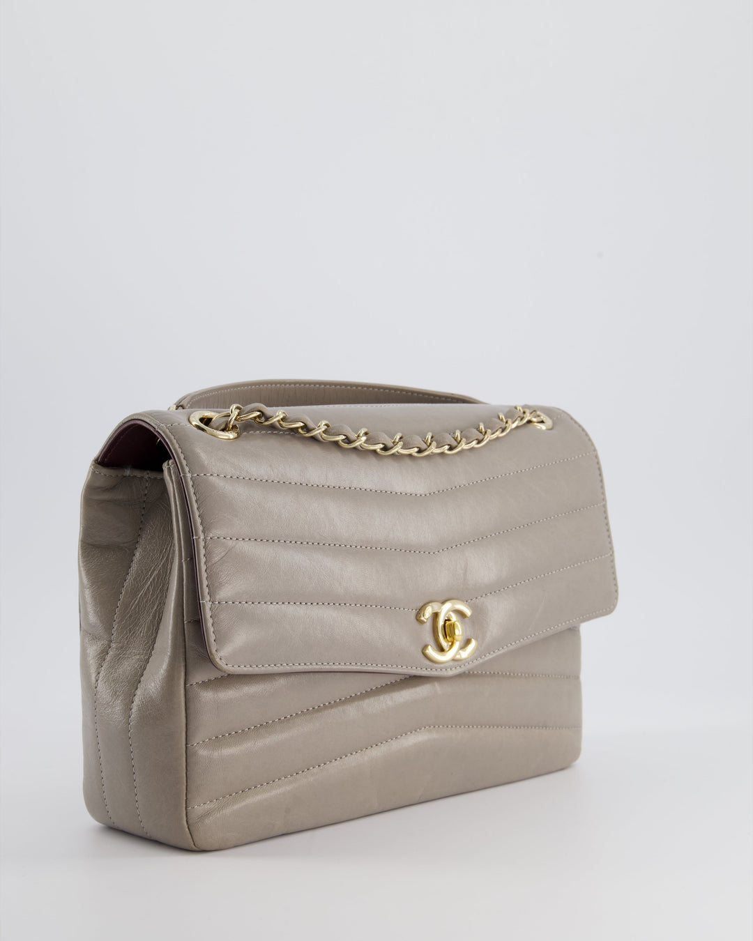 Top Quality Chanel Light Grey Chevron Miroir Flap Bag in Distressed Calfskin Leather with Champagne Gold Hardware