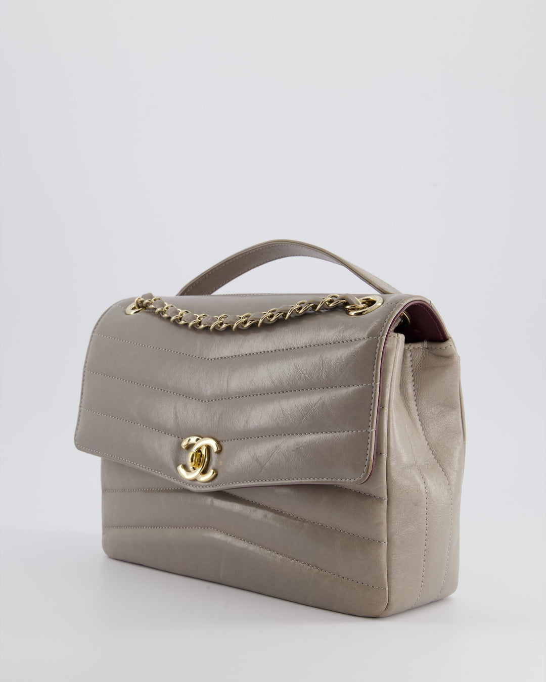 Top Quality Chanel Light Grey Chevron Miroir Flap Bag in Distressed Calfskin Leather with Champagne Gold Hardware