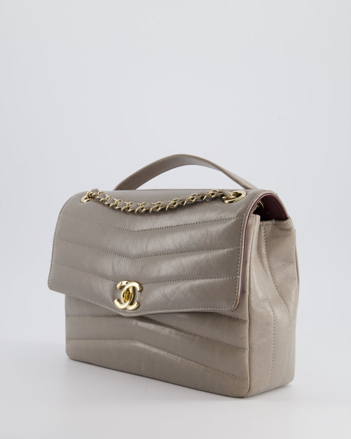 Top Quality Chanel Light Grey Chevron Miroir Flap Bag in Distressed Calfskin Leather with Champagne Gold Hardware