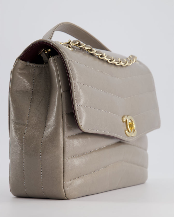 Top Quality Chanel Light Grey Chevron Miroir Flap Bag in Distressed Calfskin Leather with Champagne Gold Hardware