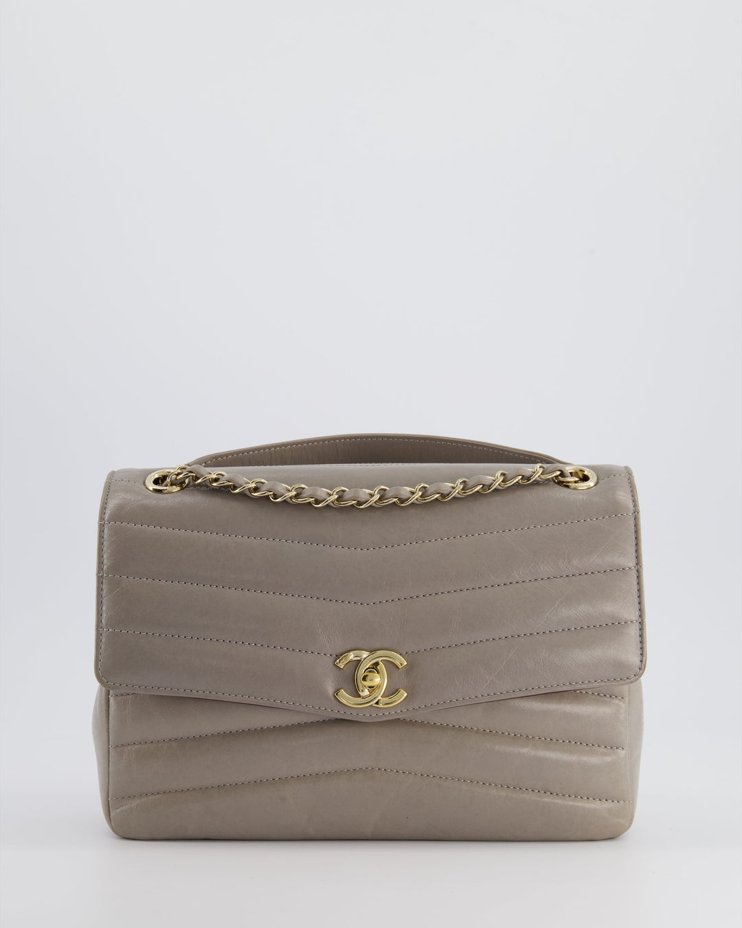 Top Quality Chanel Light Grey Chevron Miroir Flap Bag in Distressed Calfskin Leather with Champagne Gold Hardware