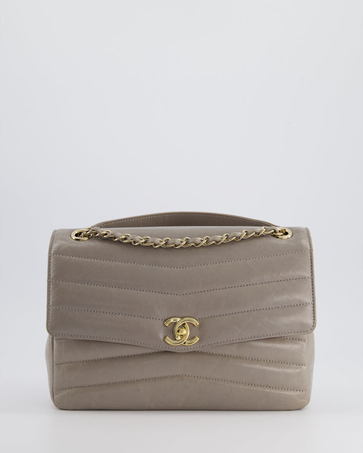 Top Quality Chanel Light Grey Chevron Miroir Flap Bag in Distressed Calfskin Leather with Champagne Gold Hardware