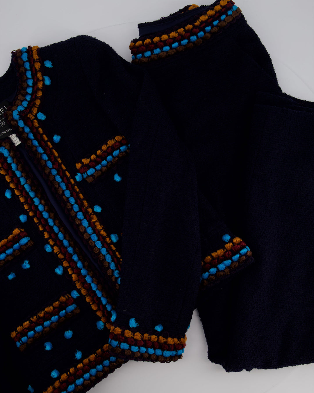 Top Quality Chanel for Bergdorf Newman AW/97 Navy Boucle Cropped Jacket with Matching Trousers Size FR 36 (UK 8)