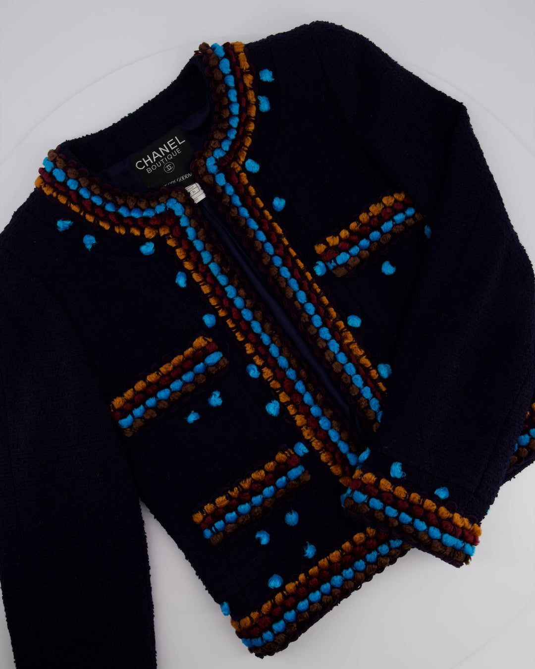 Top Quality Chanel for Bergdorf Newman AW/97 Navy Boucle Cropped Jacket with Matching Trousers Size FR 36 (UK 8)