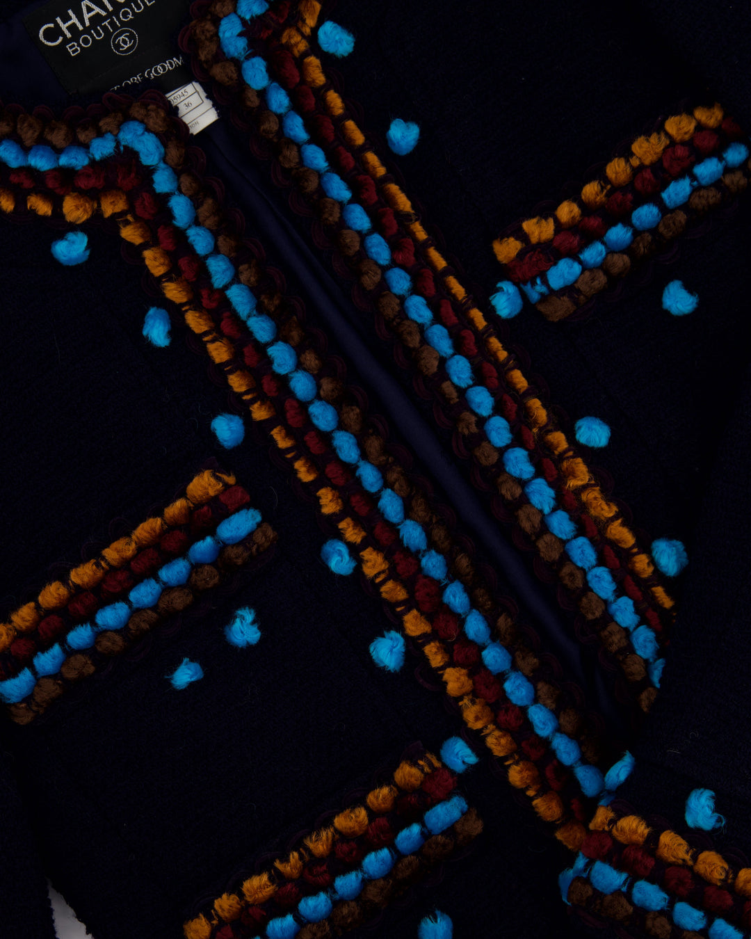 Top Quality Chanel for Bergdorf Newman AW/97 Navy Boucle Cropped Jacket with Matching Trousers Size FR 36 (UK 8)