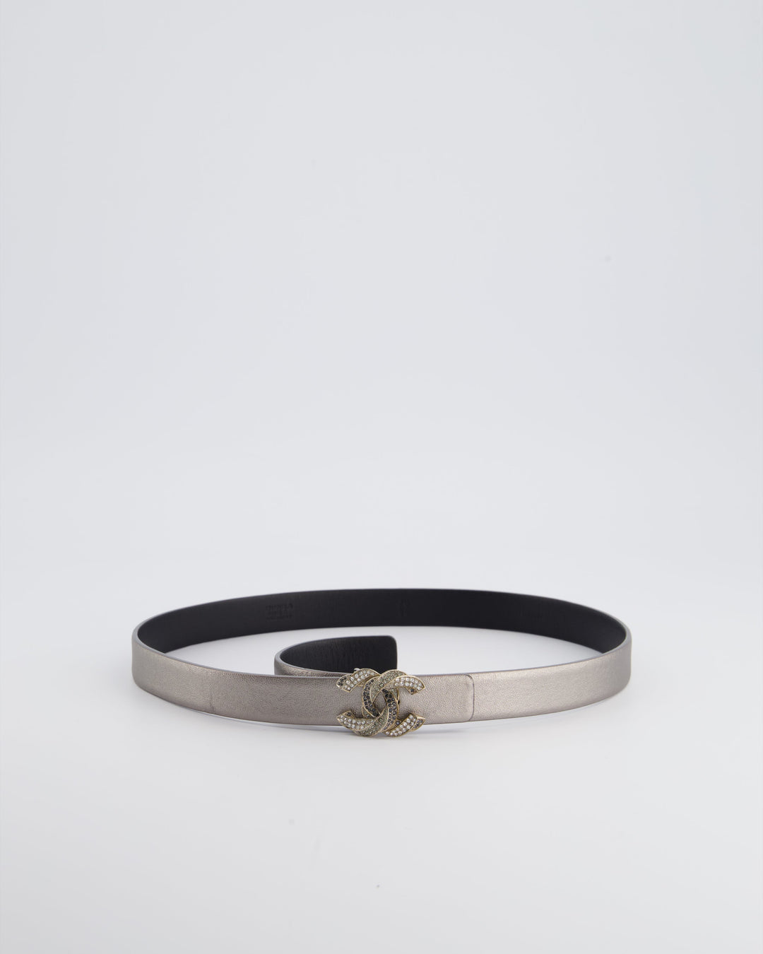Top Quality Chanel Metallic Silver Belt with Crystal CC Logo Detail Size 70cm