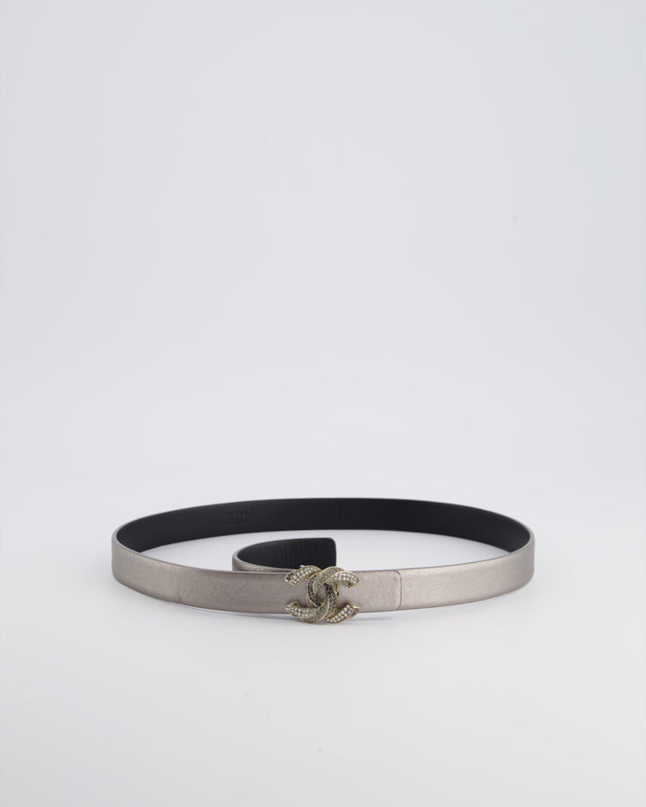 Top Quality Chanel Metallic Silver Belt with Crystal CC Logo Detail Size 70cm