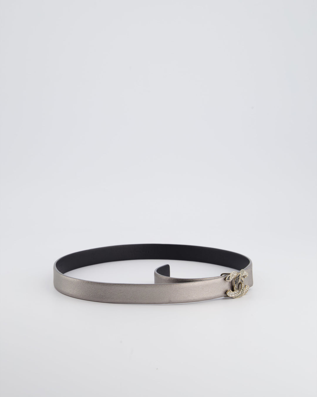 Top Quality Chanel Metallic Silver Belt with Crystal CC Logo Detail Size 70cm