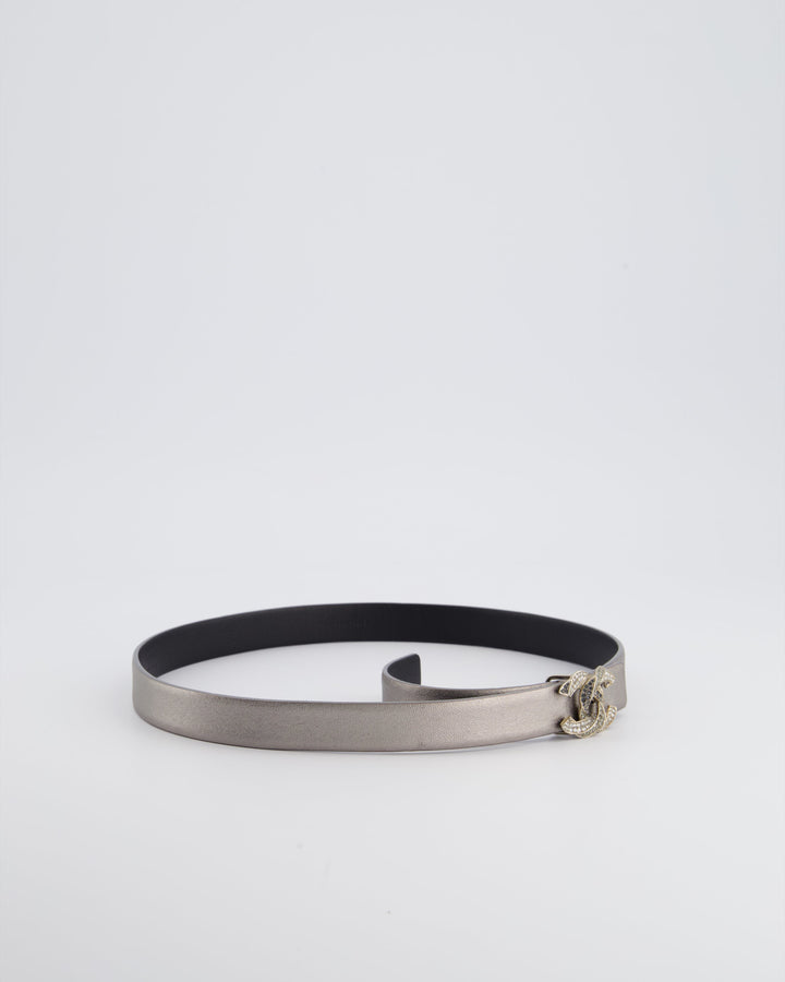 Top Quality Chanel Metallic Silver Belt with Crystal CC Logo Detail Size 70cm