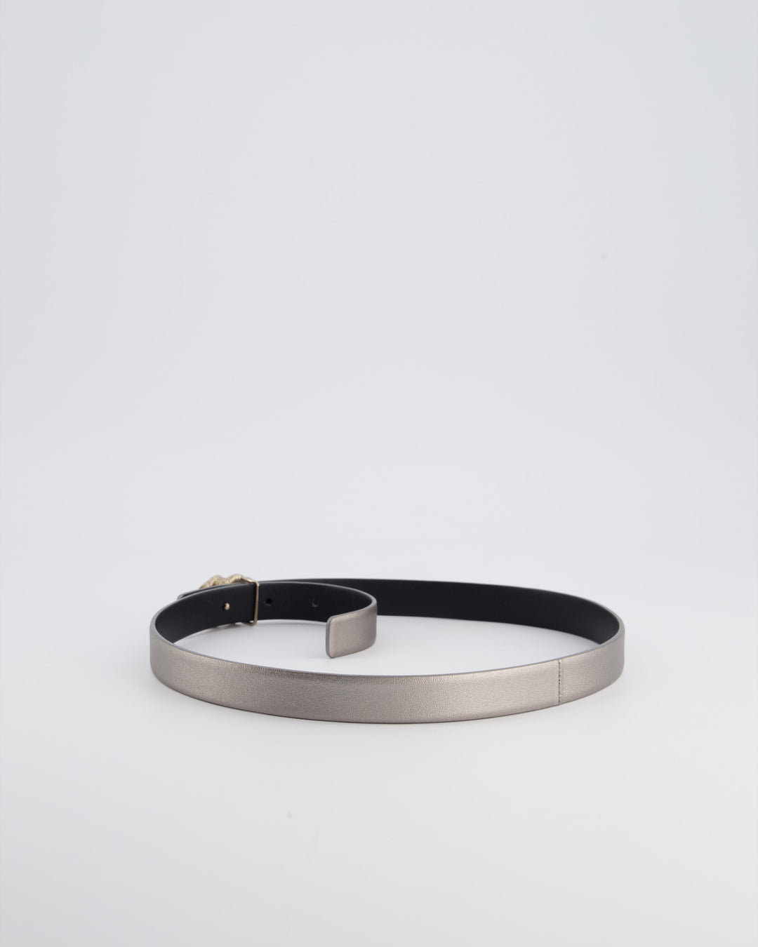 Top Quality Chanel Metallic Silver Belt with Crystal CC Logo Detail Size 70cm