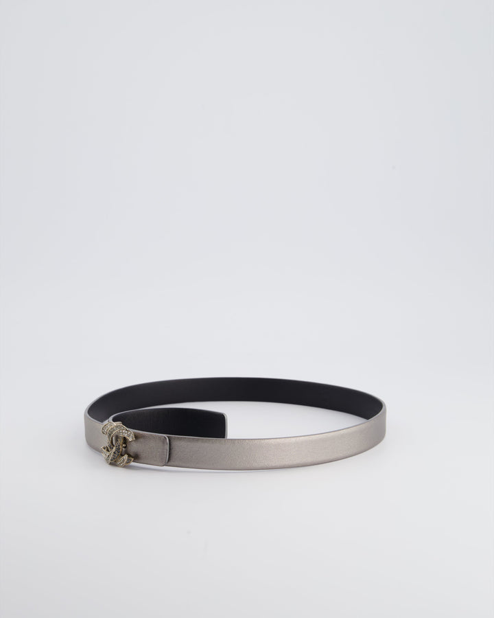 Top Quality Chanel Metallic Silver Belt with Crystal CC Logo Detail Size 70cm