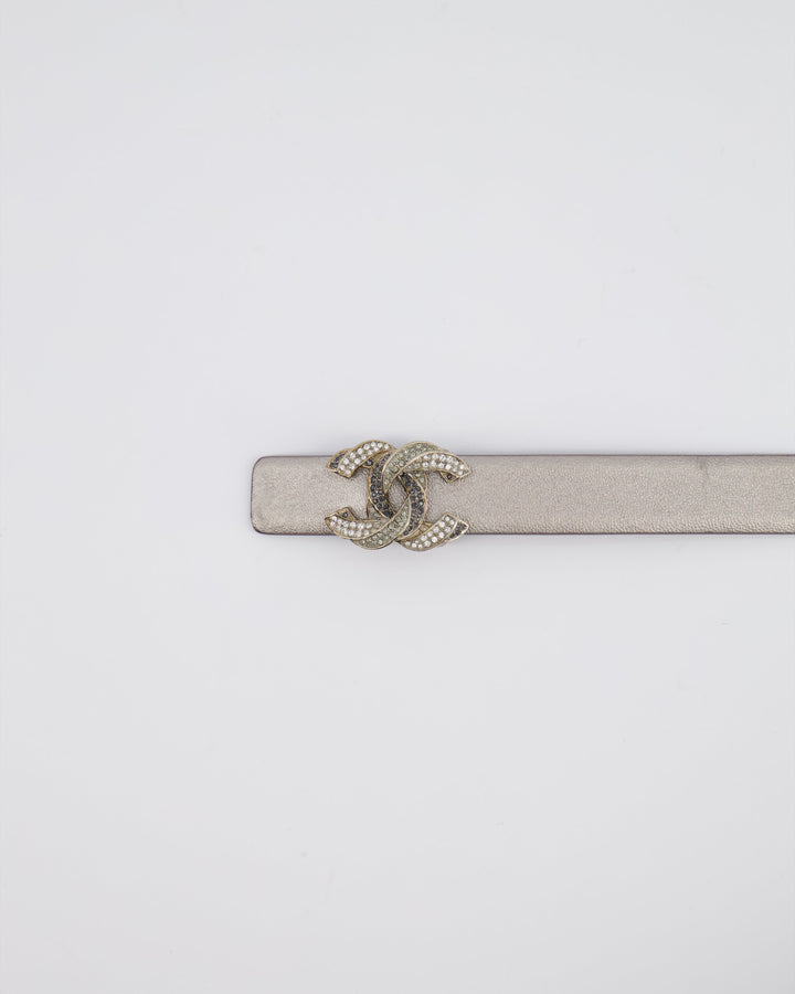 Top Quality Chanel Metallic Silver Belt with Crystal CC Logo Detail Size 70cm