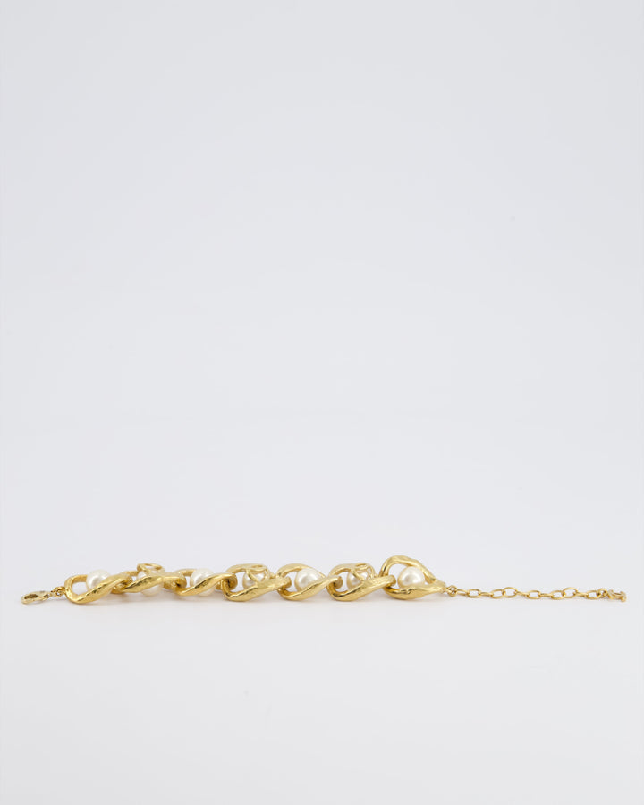 Top Quality Chanel Cruise 2020 Champagne Gold CC Link Bracelet with Pearl Detail