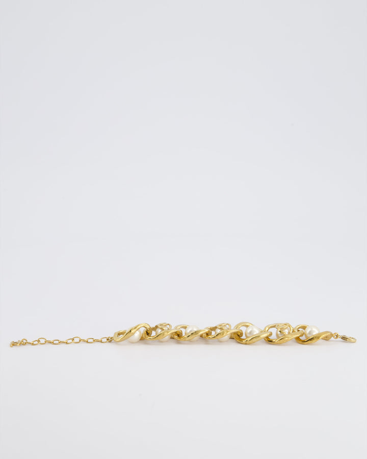 Top Quality Chanel Cruise 2020 Champagne Gold CC Link Bracelet with Pearl Detail