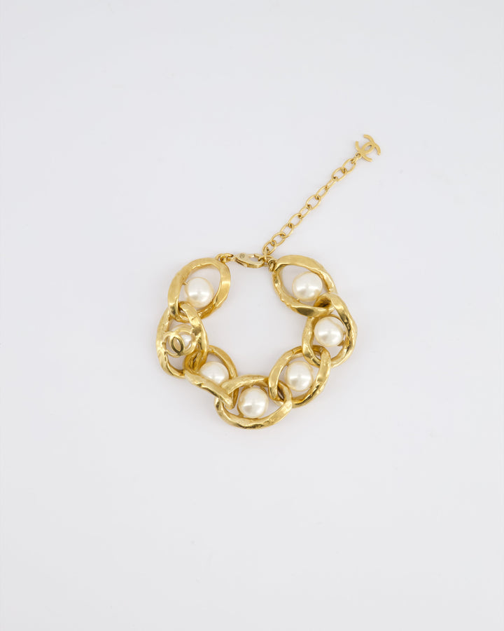 Top Quality Chanel Cruise 2020 Champagne Gold CC Link Bracelet with Pearl Detail
