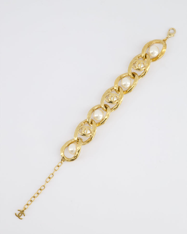 Top Quality Chanel Cruise 2020 Champagne Gold CC Link Bracelet with Pearl Detail