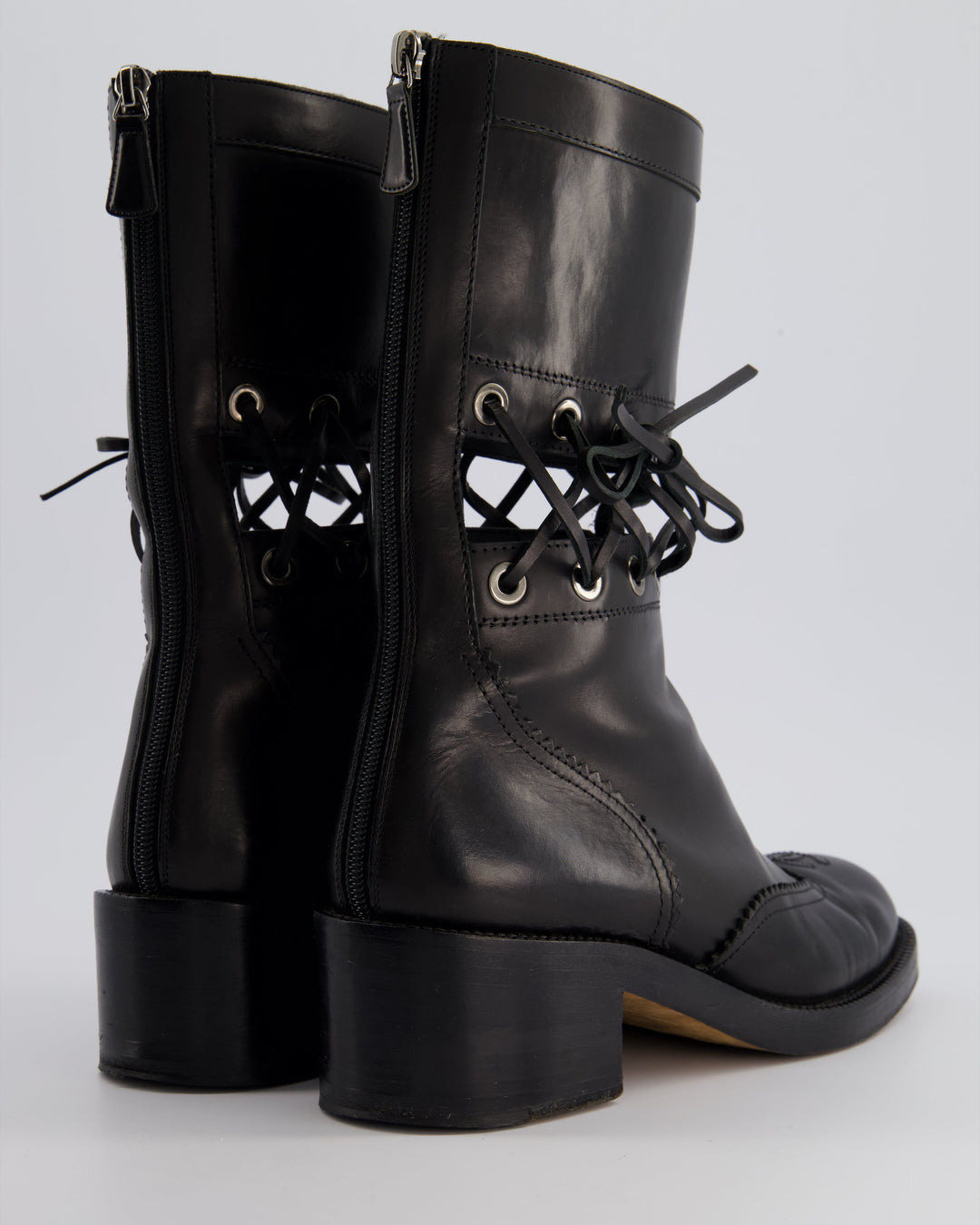 *RUNWAY* Top Quality Chanel Black Lace Up Insert Detail CC Logo Boots Size EU 40.5